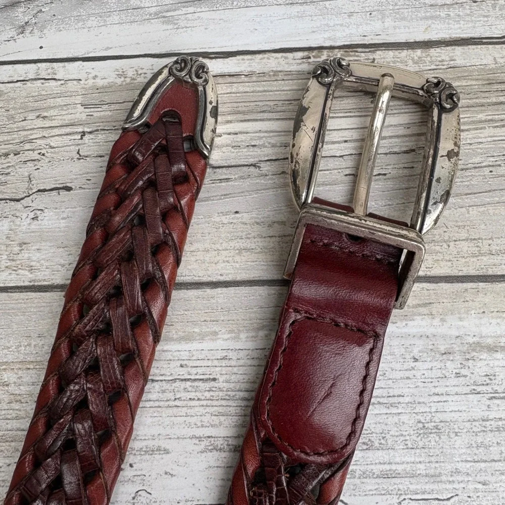 VTG‎ Fossil Braided Leather Belt Size L Brown Western Silver Buckle Rustic Boho